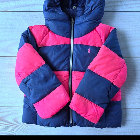 Polo Ralph Lauren Girls Duck Down Puffer Foldable Hood Jacket Sz.4/4T Navy Pink - Picture 3 of 7